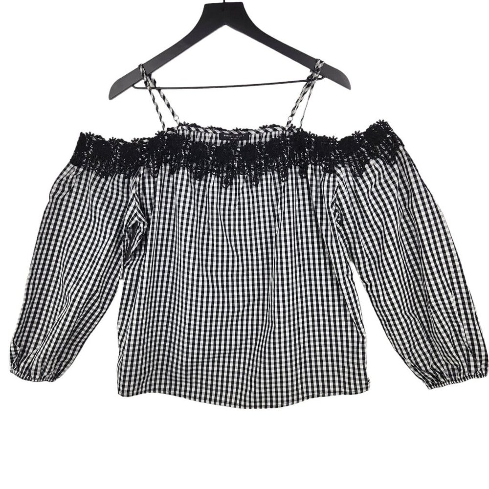 Romeo + Juliet Couture Blouse Womens Large Cold Shoulder Strappy Crochet Checked
